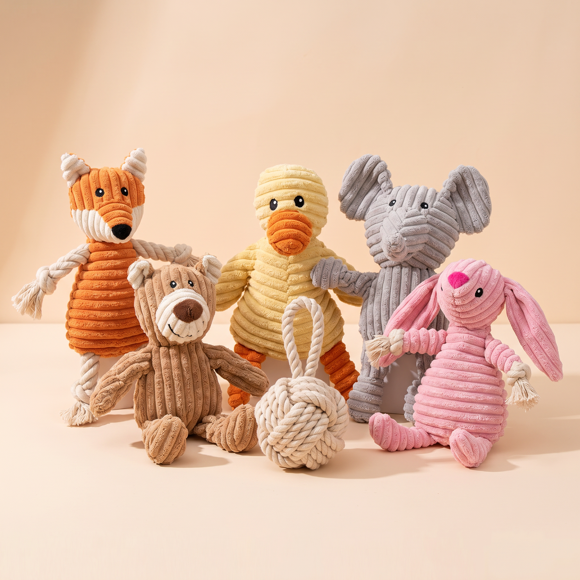Plush & Rope Squeaky Toy Bundle - corduroy fox, bear, duck, elephant and bunny with cotton rope toy