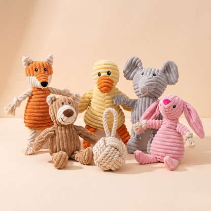 Plush & Rope Squeaky Toy Bundle - corduroy fox, bear, duck, elephant and bunny with cotton rope toy