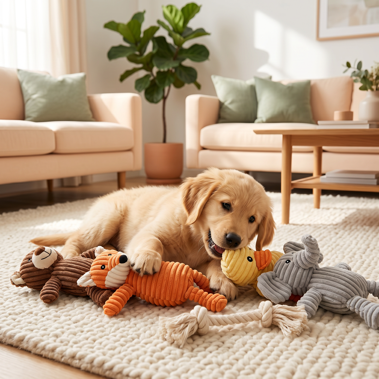 Plush & Rope Squeaky Toy Bundle - golden retriever puppy playing with the toys at home