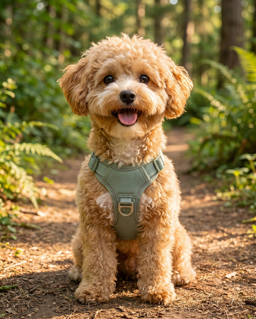 Kiba wearing the No-Pull harness on an adventure