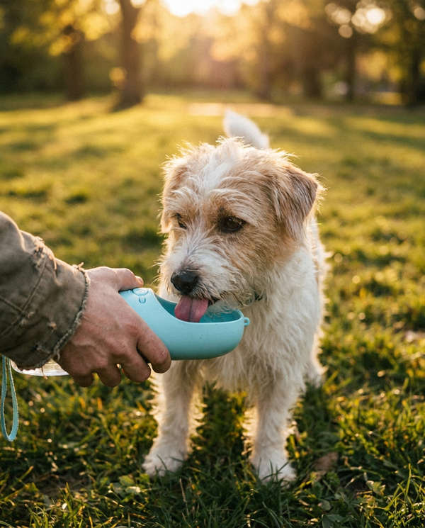 Dog drinking from a Kiba Club travel water bottle on a walk