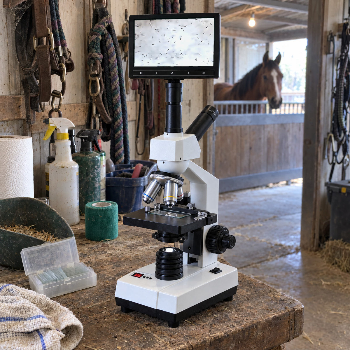Kiba Lens on a workbench in a horse-barn tack room