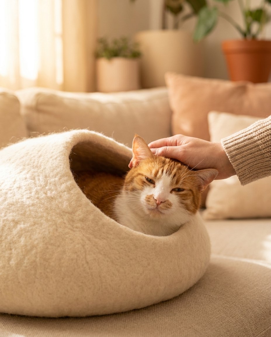 Pet story — cat snuggled in Kiba cave