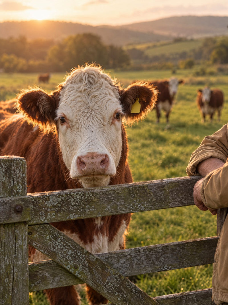 A Hereford cow standing at a timber farm gate in a green pasture, a farmer leaning on the rail