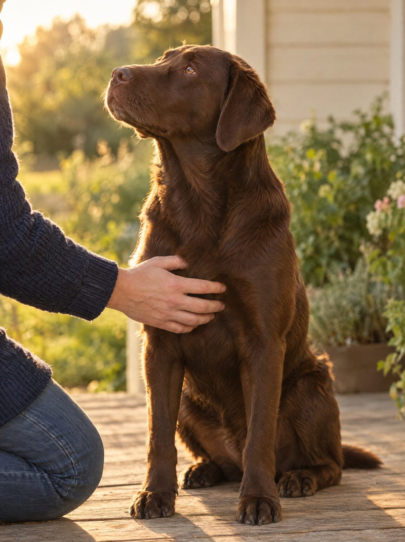 A chocolate Labrador sitting on a farmhouse porch in evening light, a breeder's hand on her chest