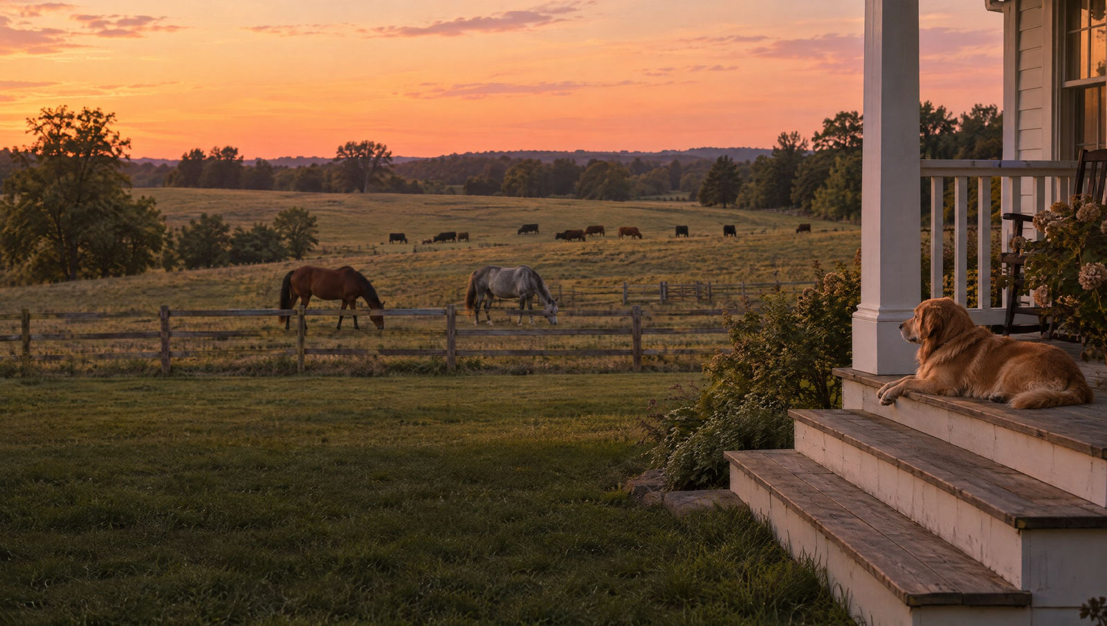 A farm at dusk: a golden retriever resting on the porch steps, two horses grazing in the paddock and cattle on the hill beyond