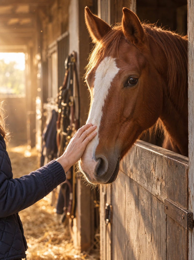 A chestnut mare with a white blaze looking over her stable door while a hand strokes her nose