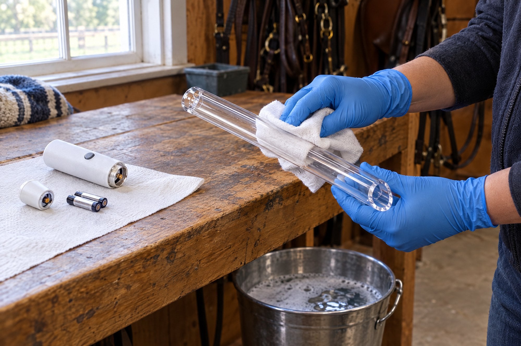 A gloved hand drying the Kiba Beam tube with a cloth, the handle and its batteries on a paper towel beside it