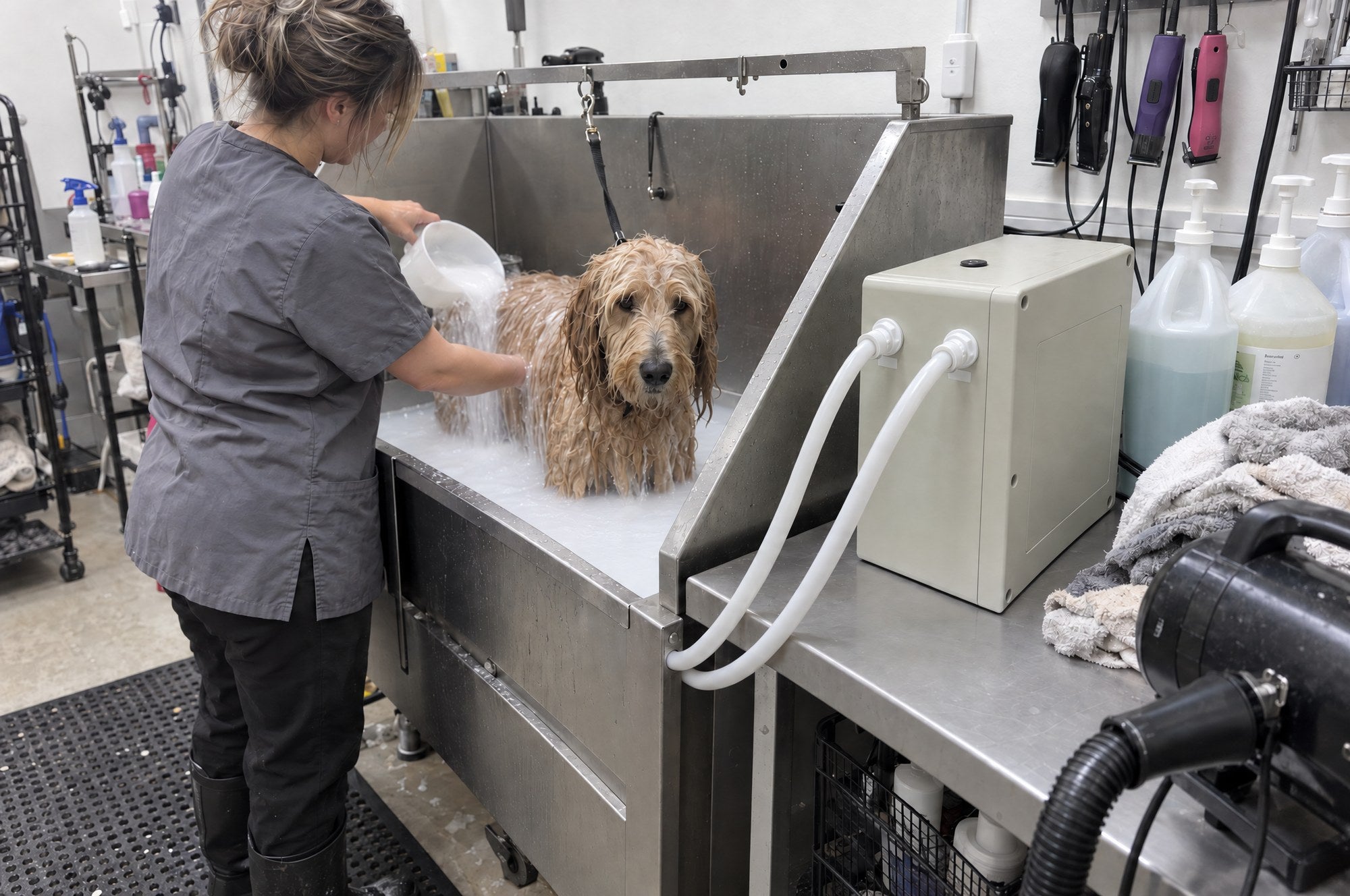 A groomer scooping milky water over a golden doodle, the Kiba Cloud unit on the counter