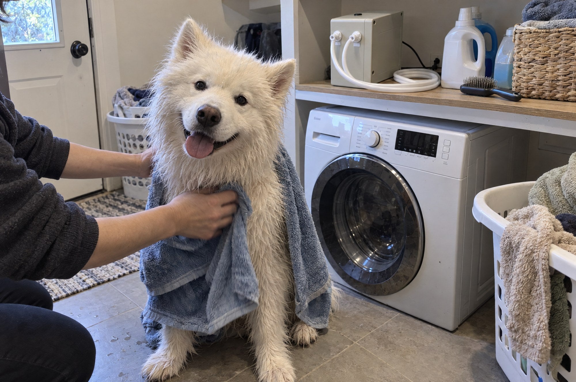 A freshly bathed white Samoyed wrapped in a towel in a laundry room, the Kiba Cloud unit on a shelf behind