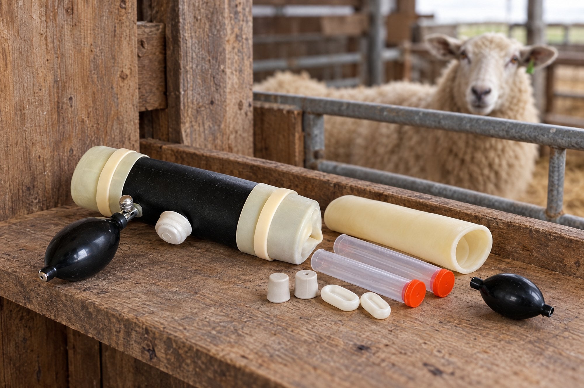 Kiba Collect Goat on a barn shelf beside its spare liner, tubes and stoppers, a ewe looking over a gate behind