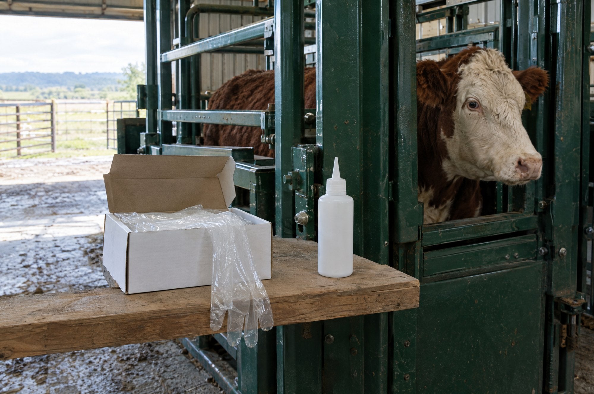 The box of gloves and the gel bottle on a wooden shelf beside a green cattle chute, a Hereford cow waiting