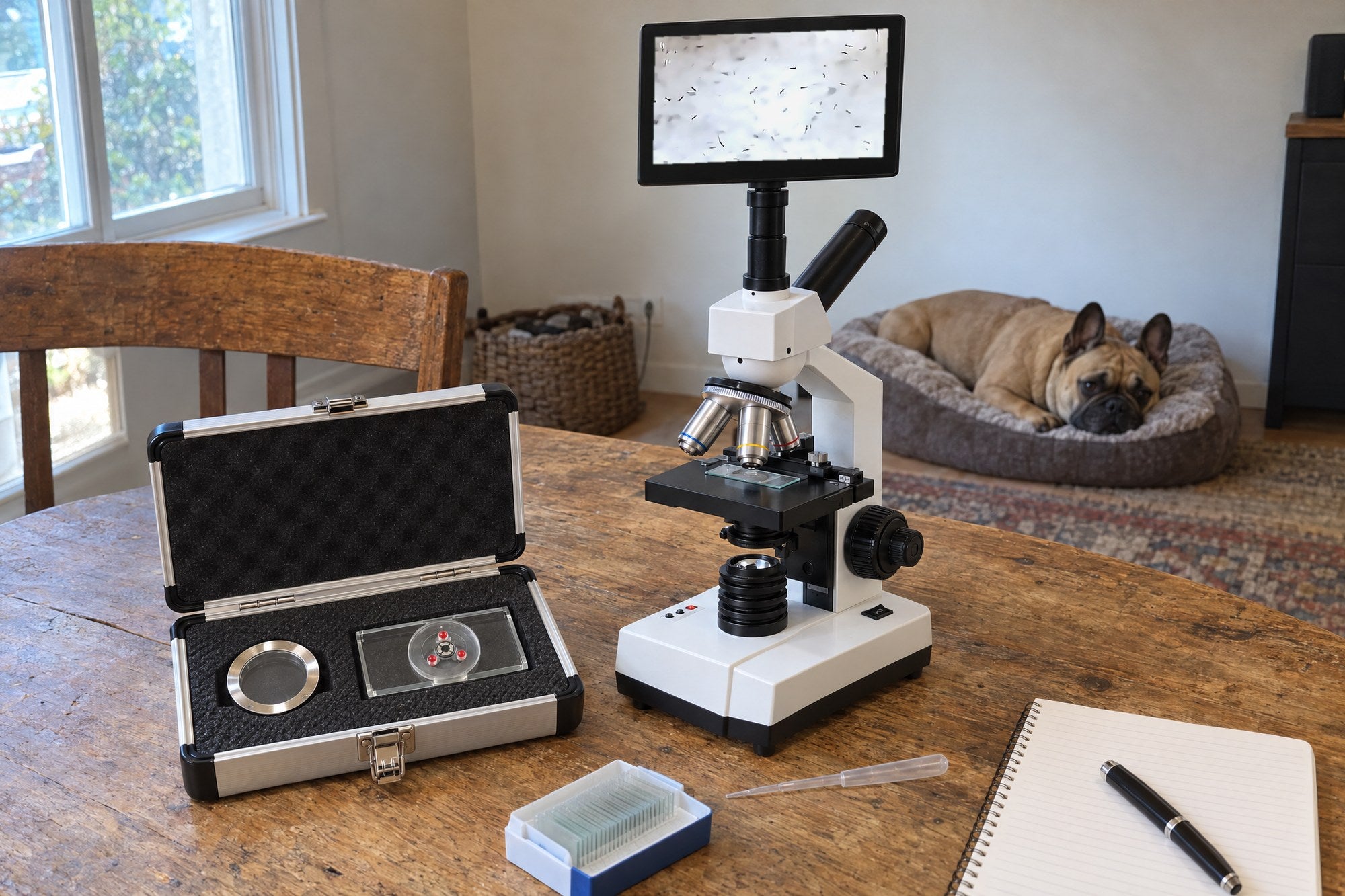 Kiba Lens on an oak table with the open Kiba Count case in front of it and a French bulldog resting behind