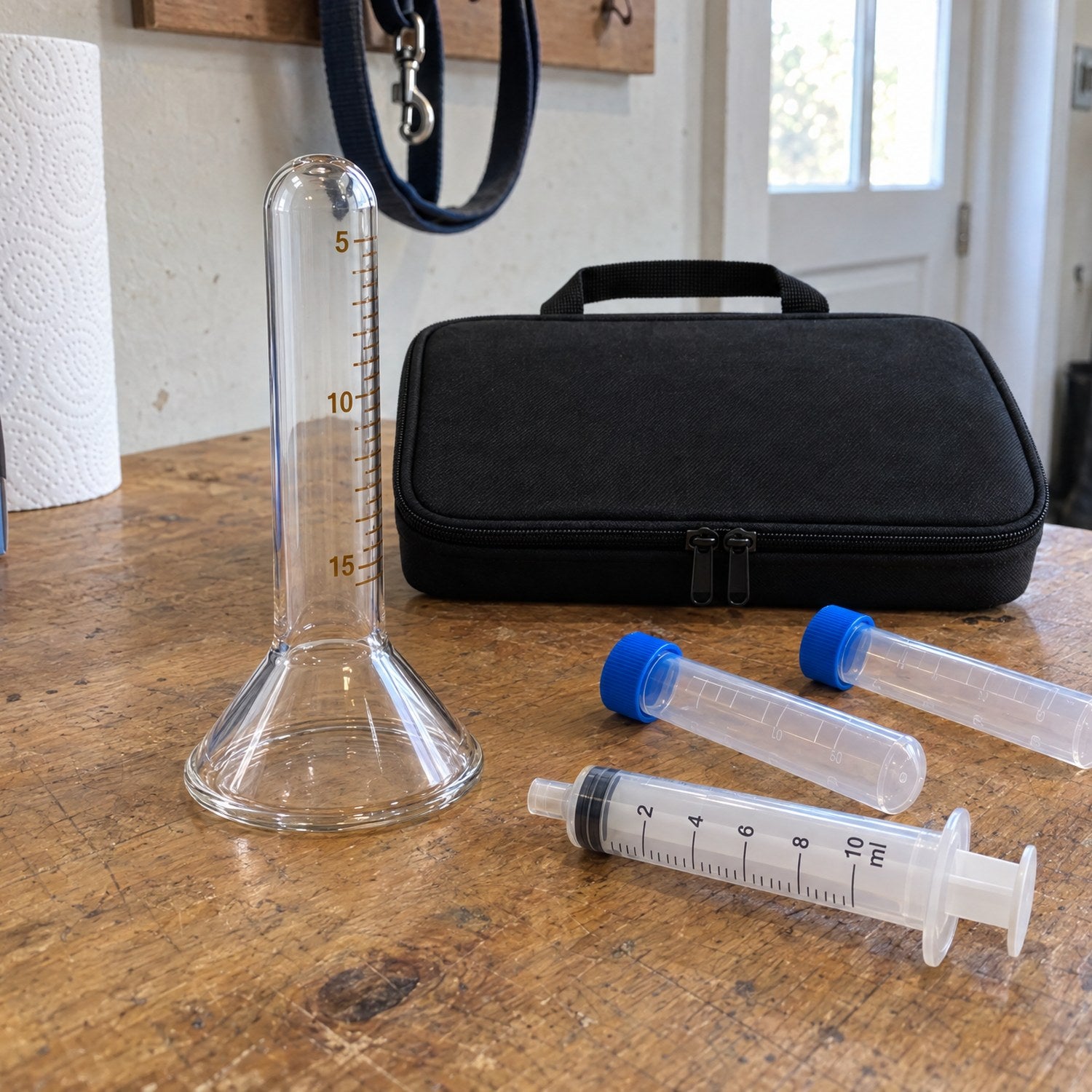 The Kiba Collection Cup on an oak bench with a 10 ml syringe, two sample tubes and the closed Kiba Scope carry case