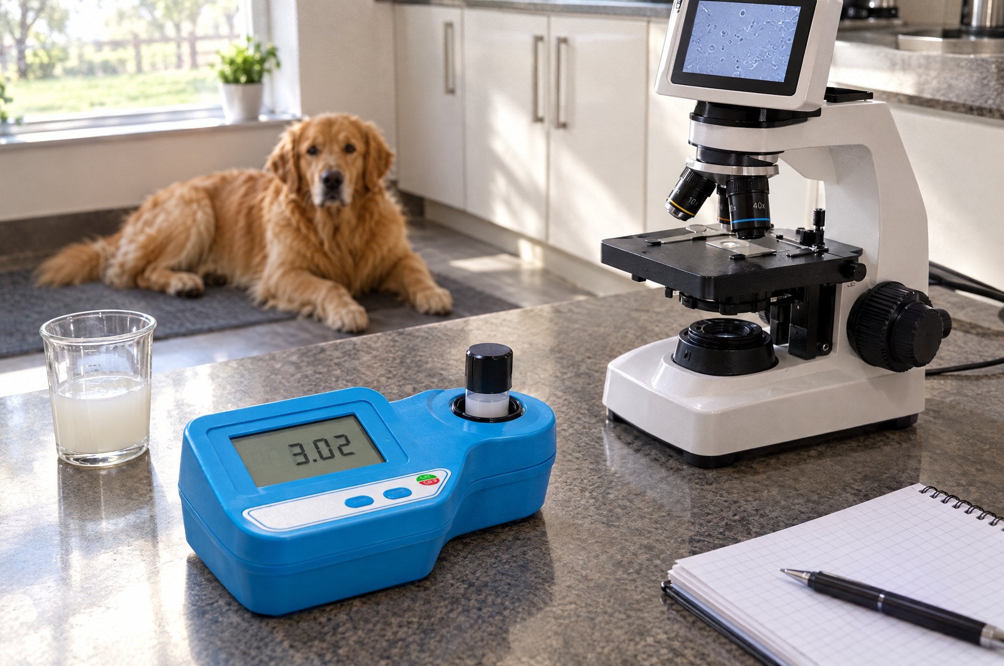 Kiba Density reading 3.02 on a kitchen bench beside Kiba Lens and a collection cup, a golden retriever on the floor behind