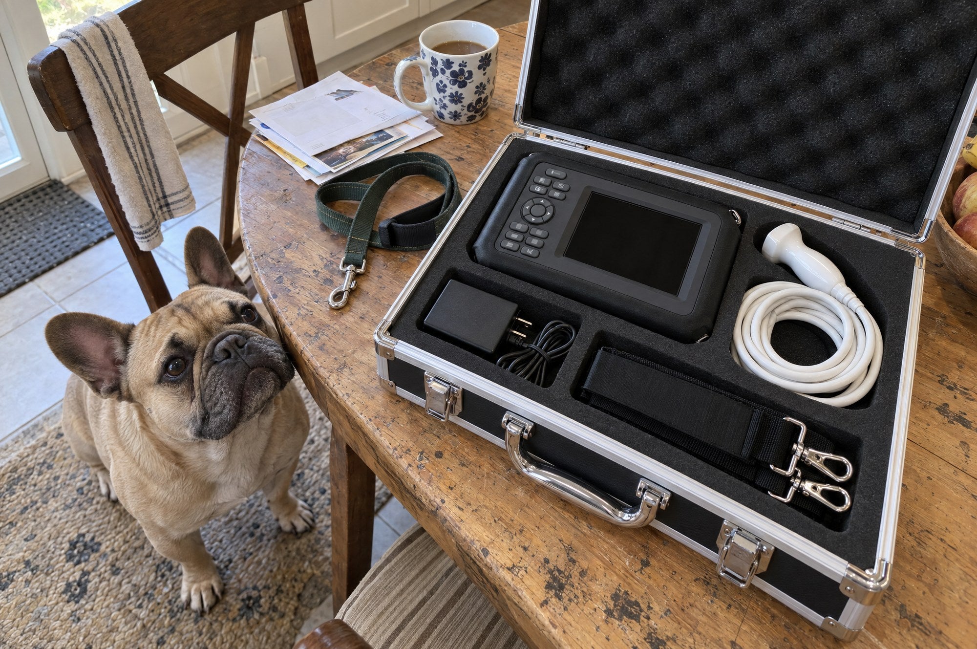Kiba Echo and its white probe in the open aluminium carry case on a table, a French Bulldog sitting beside it