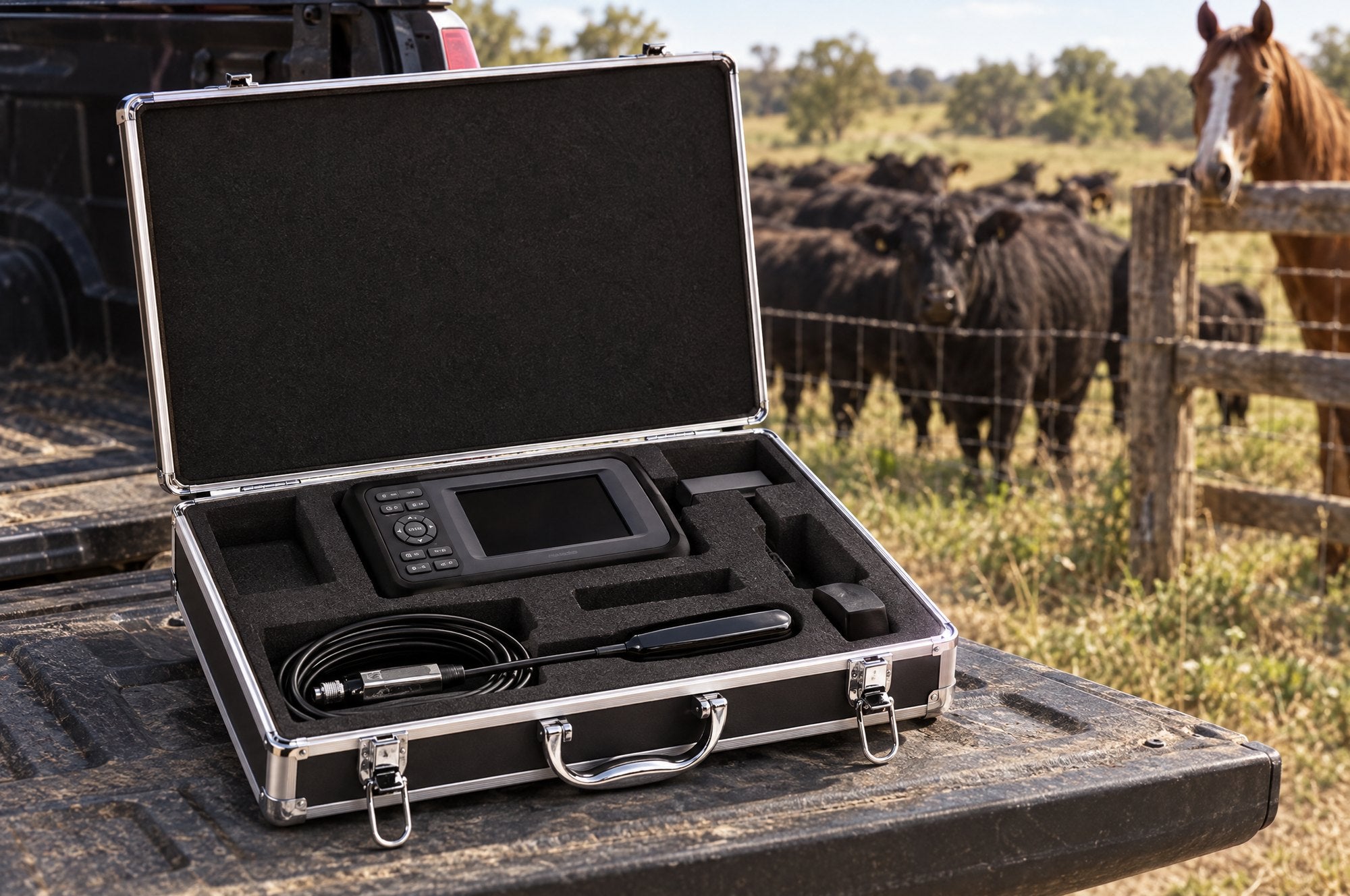 Kiba Echo and its rectal probe in the open aluminium carry case on a pickup tailgate, cattle and a horse in the pasture behind