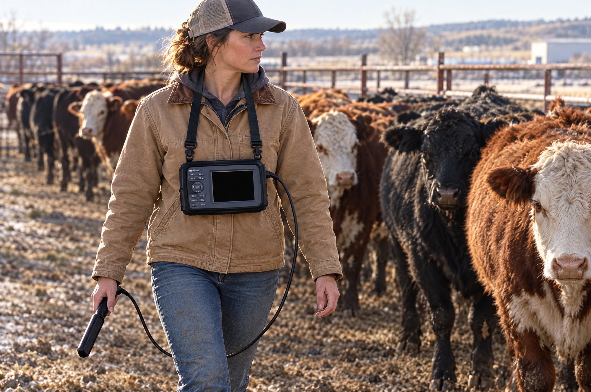 A rancher walking past a line of Angus and Hereford cows with Kiba Echo on a chest strap and the rectal probe in her hand