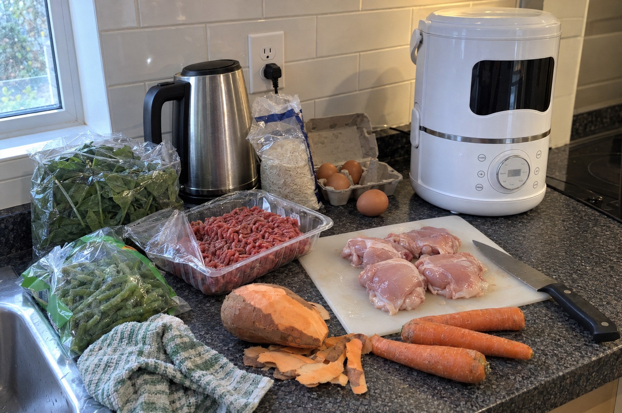 Kiba Kitchen on a worktop beside raw beef mince, chicken thighs, sweet potato, carrots, green beans, spinach, rice and eggs