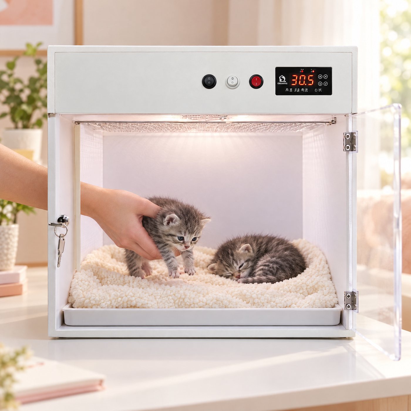 A kitten being placed into a Kiba Nest warm-air nursery