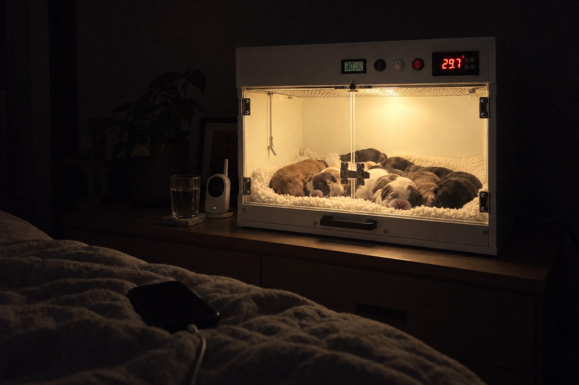 Kiba Nest glowing softly on a bedside chest at night with puppies asleep inside