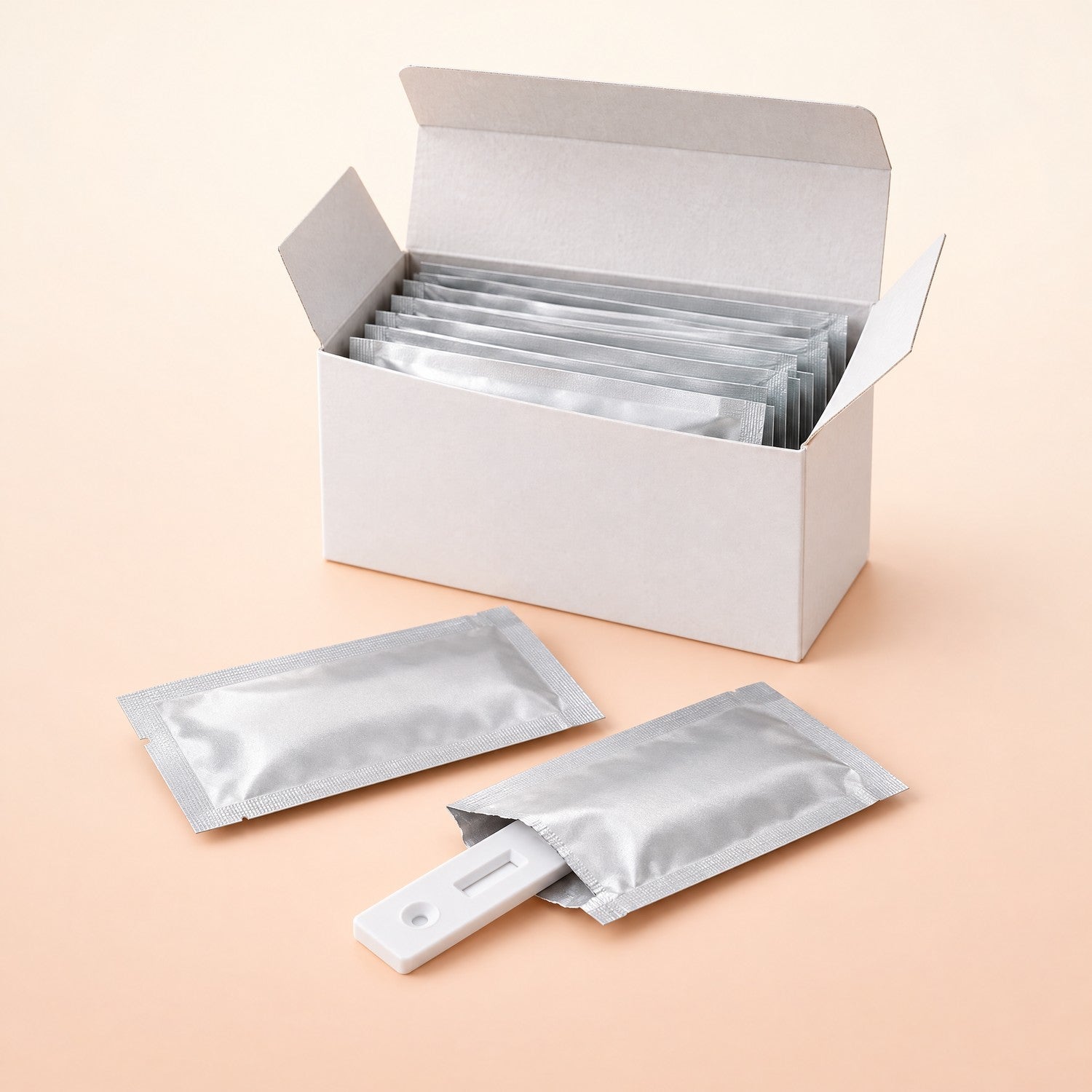 A box of Kiba Peak progesterone test cards with two sealed cards laid in front of it