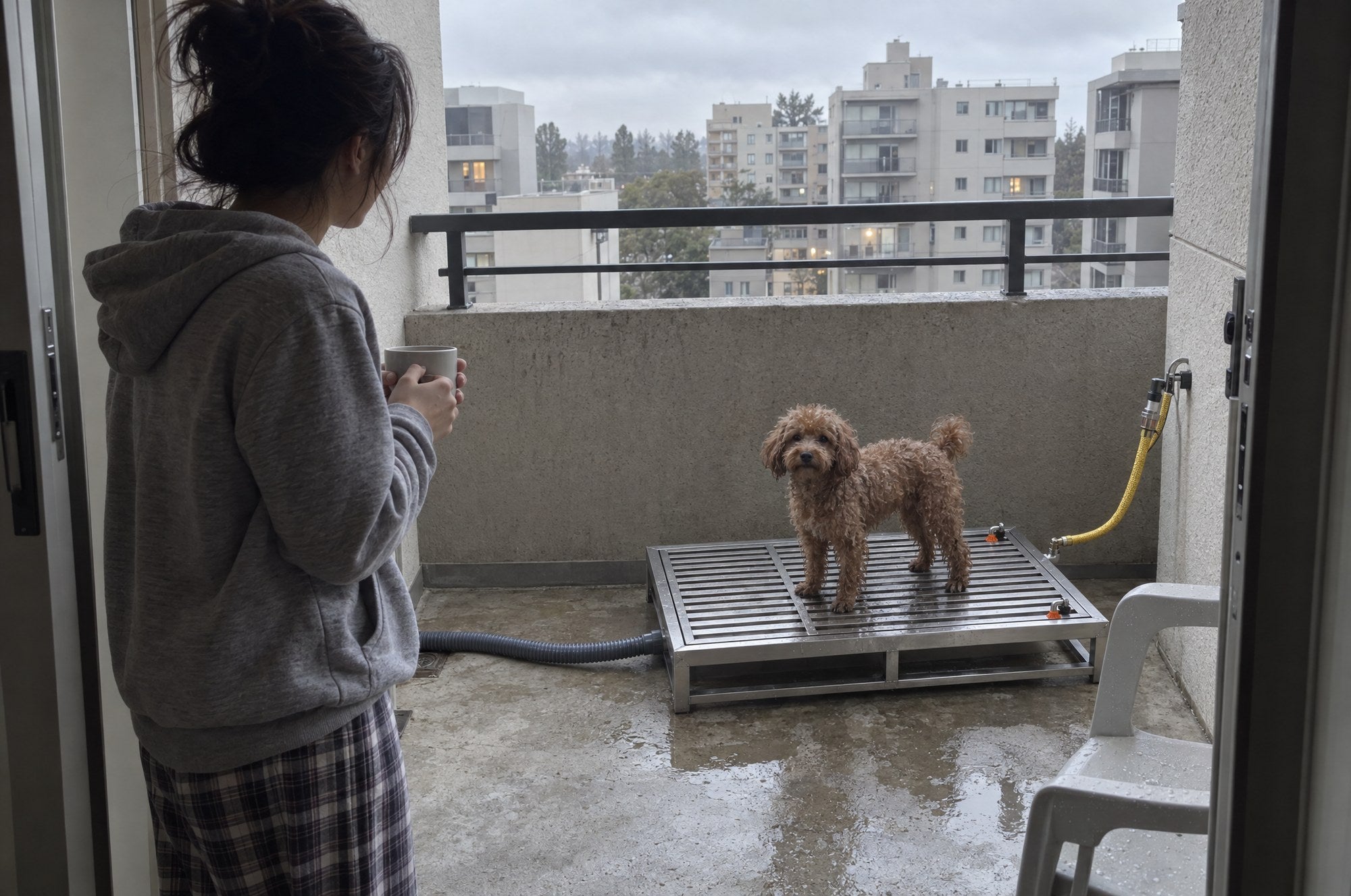 A miniature poodle standing on a Kiba Rinse in the corner of an apartment balcony while its owner watches from the doorway