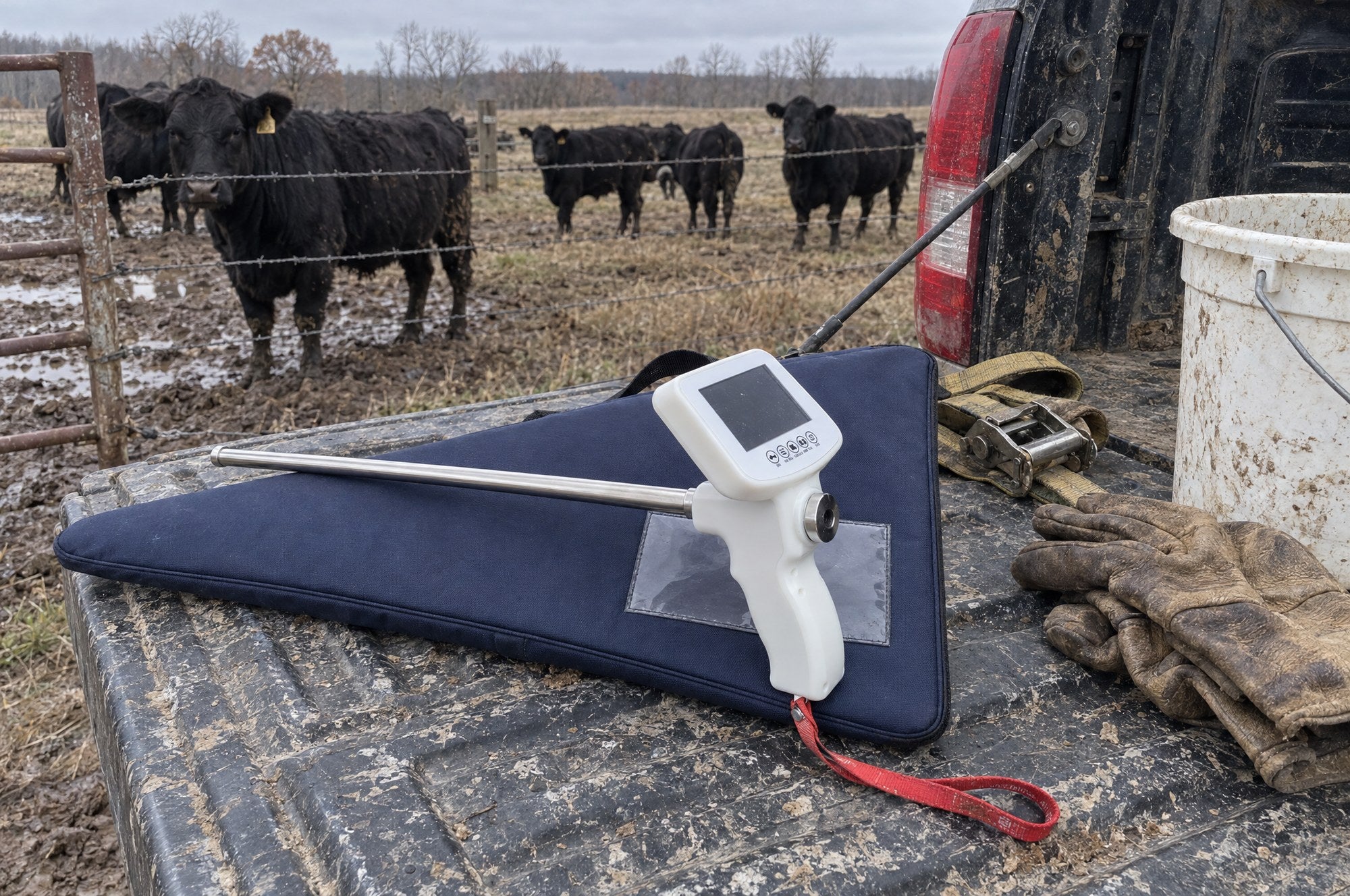 Kiba Scope Cattle lying on its closed navy triangle carry bag on a truck tailgate, black Angus cattle in the pasture behind