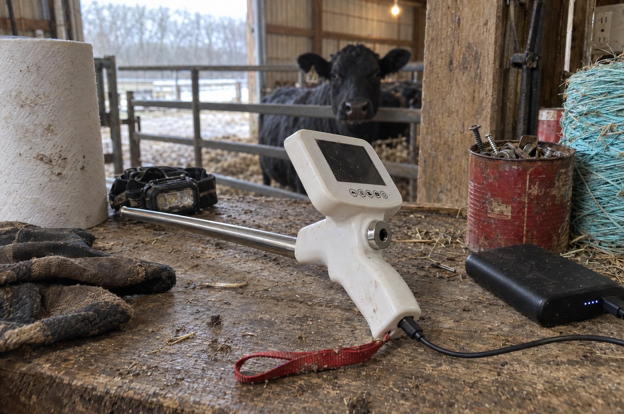 Kiba Scope Cattle on a barn workbench, its heating cable plugged into a power bank, a black Angus cow looking over a gate behind