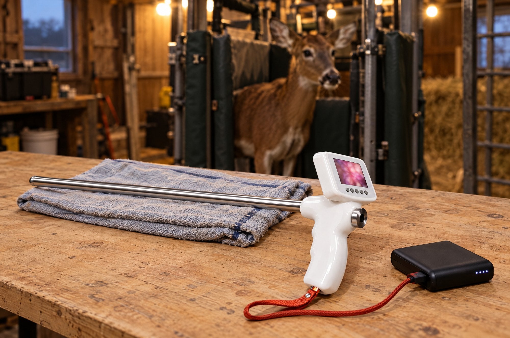 Kiba Scope Deer on a workbench in a deer handling barn, its heating cable plugged into a power bank, a doe in the chute behind