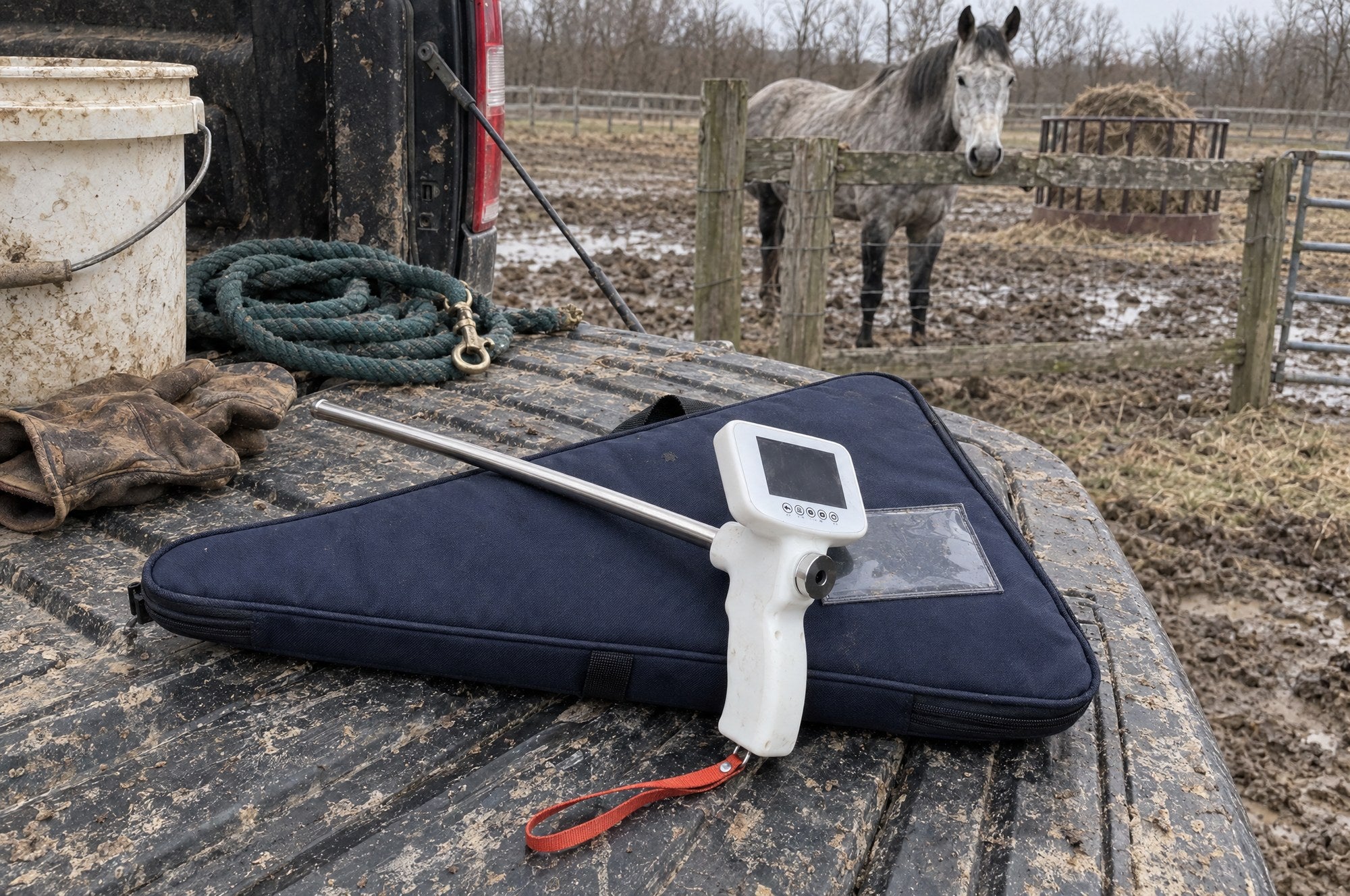 Kiba Scope Equine lying on its closed navy triangle carry bag on a truck tailgate, a grey horse in the paddock behind
