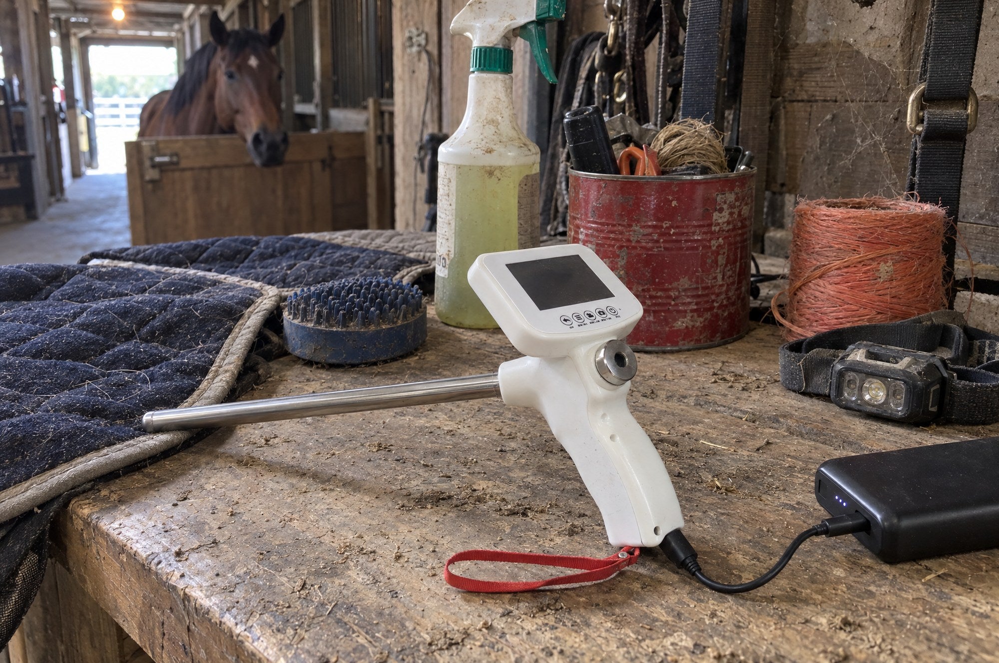 Kiba Scope Equine on a tack-room shelf, its heating cable plugged into a power bank, a horse looking over a stall door behind