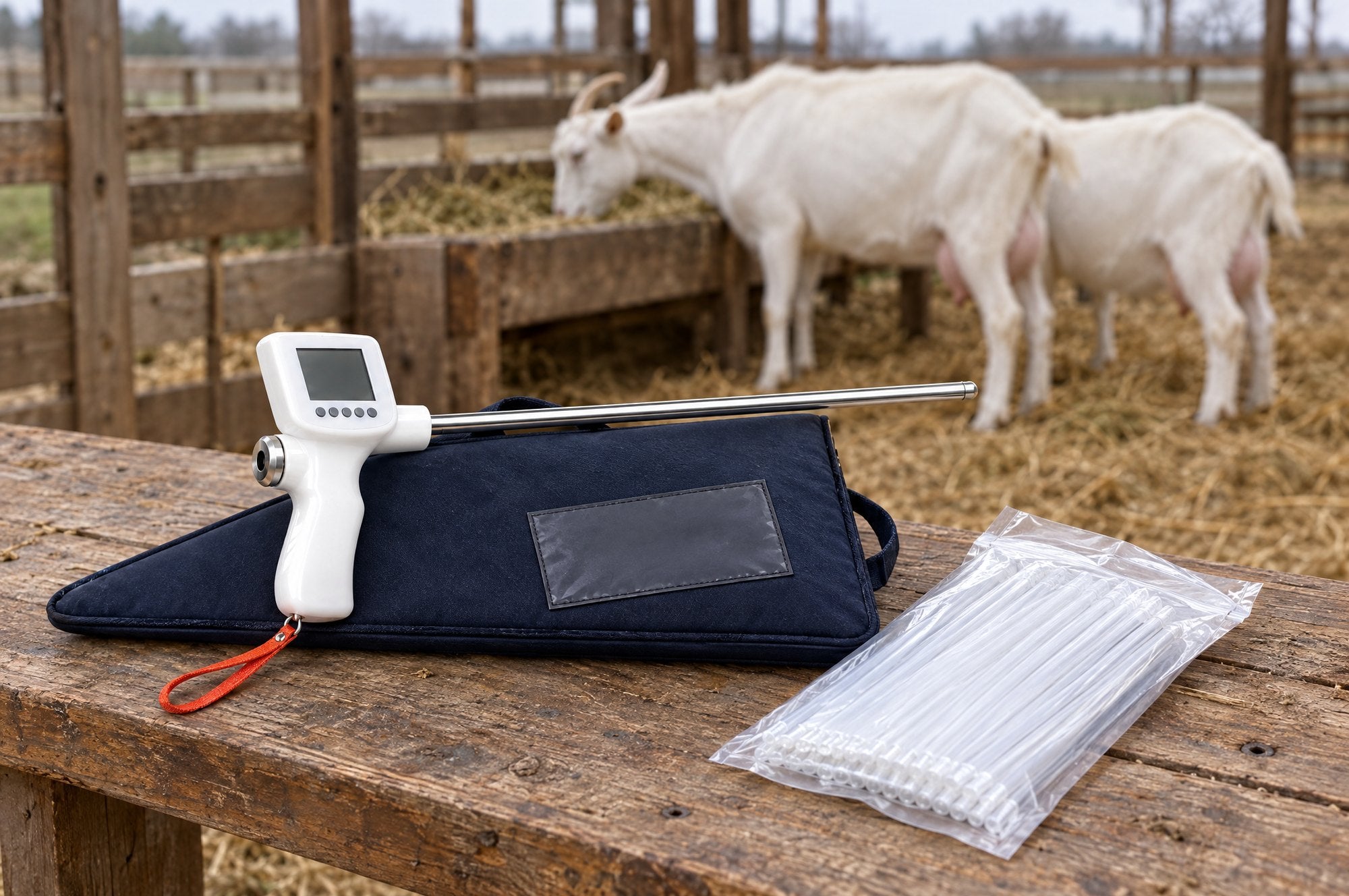 Kiba Scope Goat resting on its closed padded carry bag on a barn bench, a bag of sheaths beside it, Saanen goats at a feeder behind