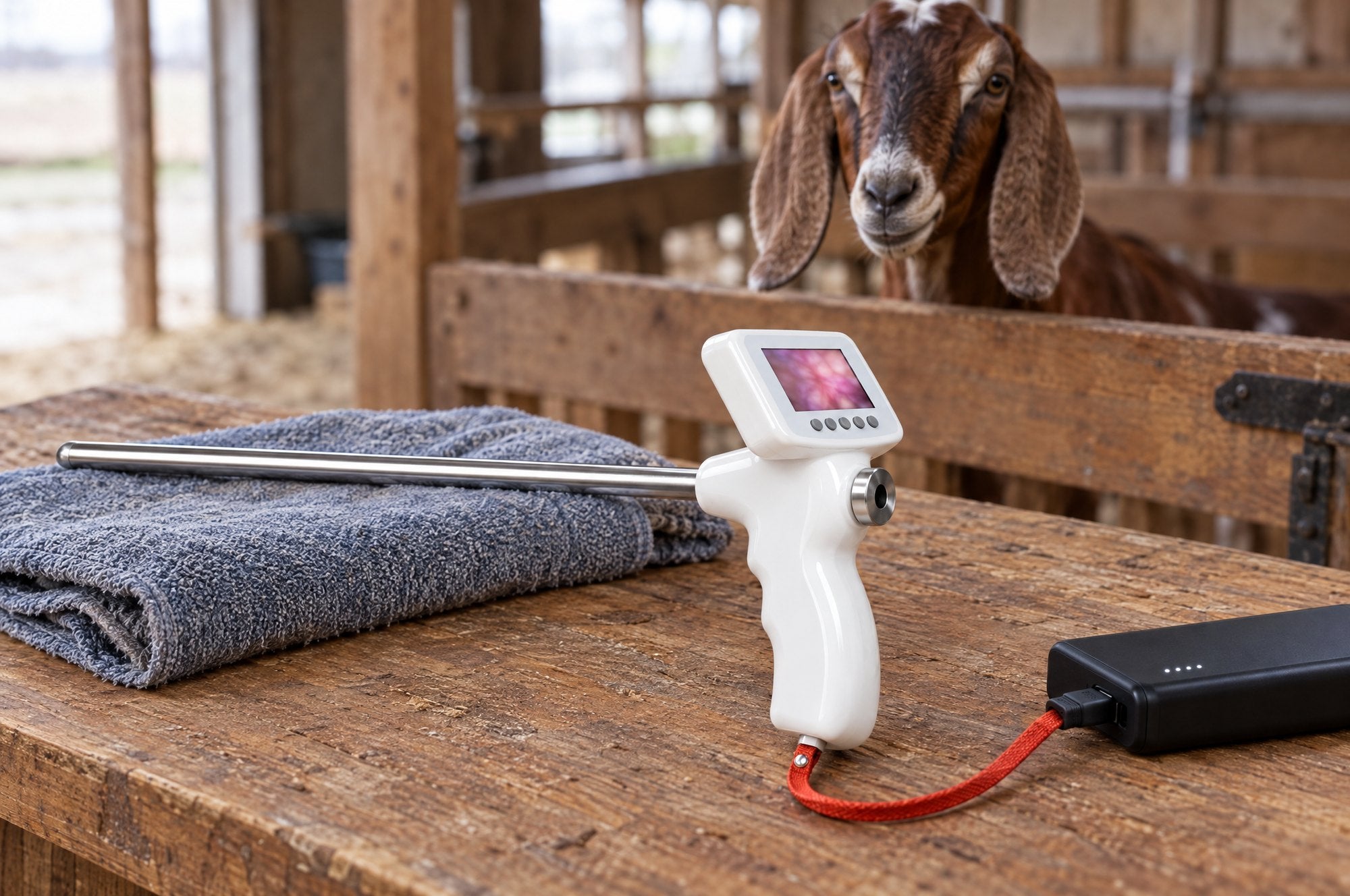 Kiba Scope Goat on a barn workbench, its heating cable plugged into a power bank, a Nubian doe looking over a pen gate behind