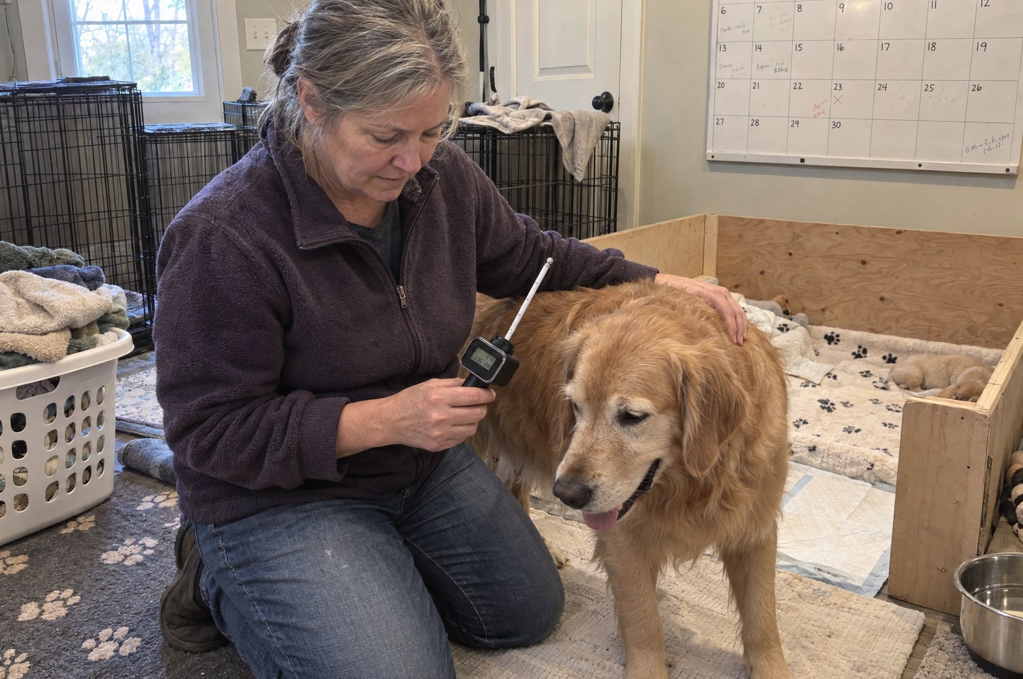 A breeder kneeling beside a golden retriever in a home kennel room, the Kiba Season in her hand