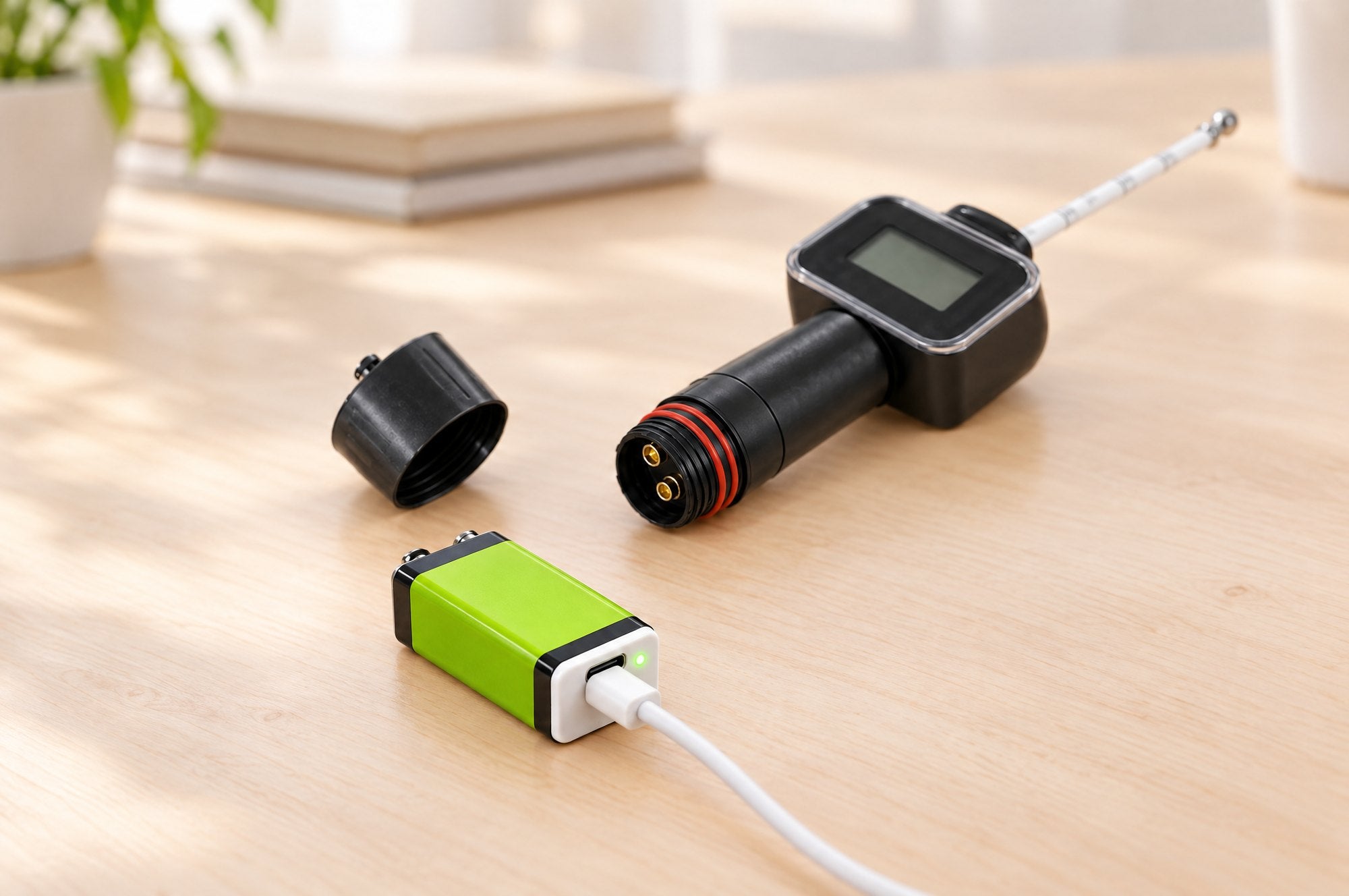 The 9 V battery of the Kiba Season charging by USB-C beside the open handle