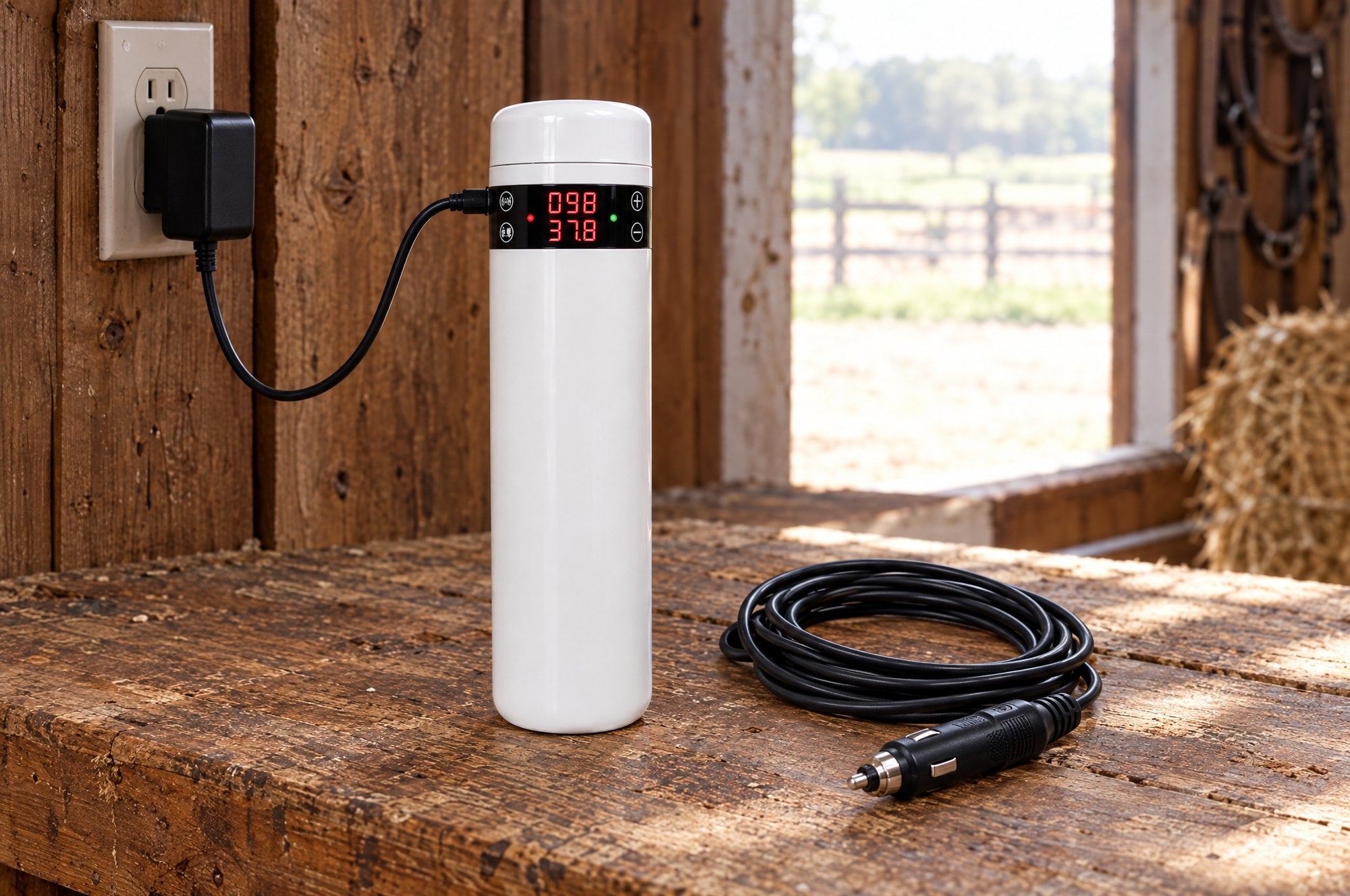 Kiba Thaw on a barn workbench plugged into a wall outlet, its 12 V vehicle lead coiled beside it